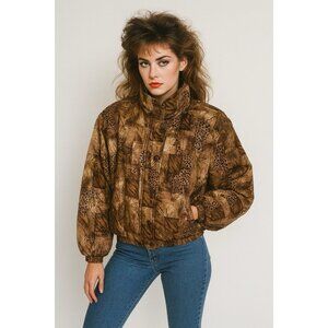 vintage 90s 100% SILK BOMBER JACKET puffer animal print zip up outerwear XL